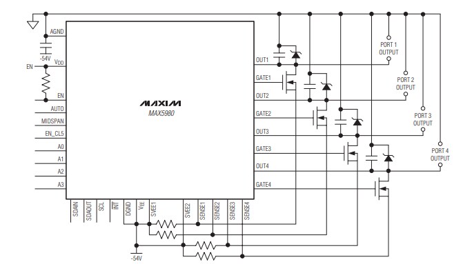 Application Circuit Diagram - Analog Devices / Maxim Integrated MAX5980 Quad PSE Power Controllers